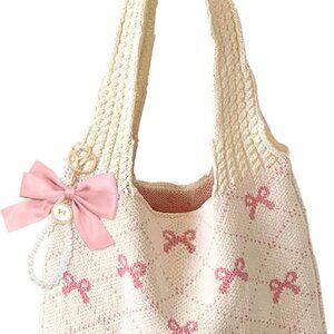 Pink Crochet Tote Bag Women Mesh Knitted Shoulder Handbag Beach Hobo Purse